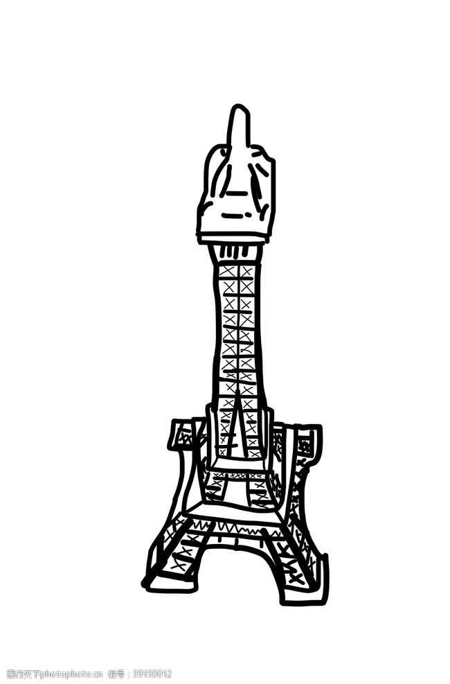 巴黎铁塔儿童漫画线条水墨画黑白画图片