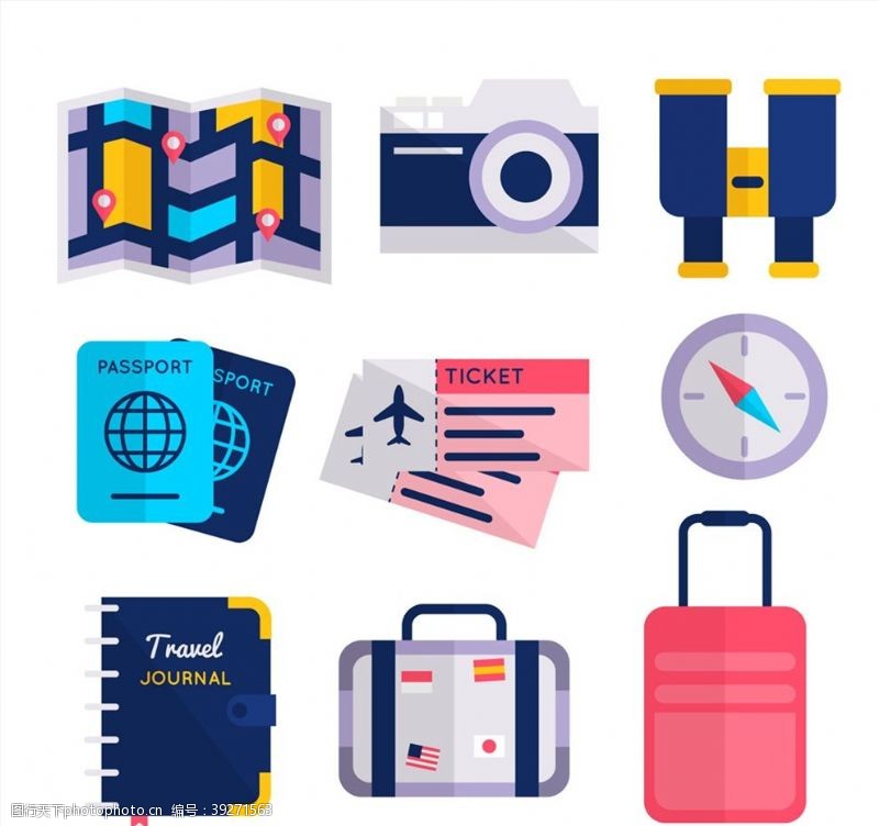 护照扁平化旅行物品图片