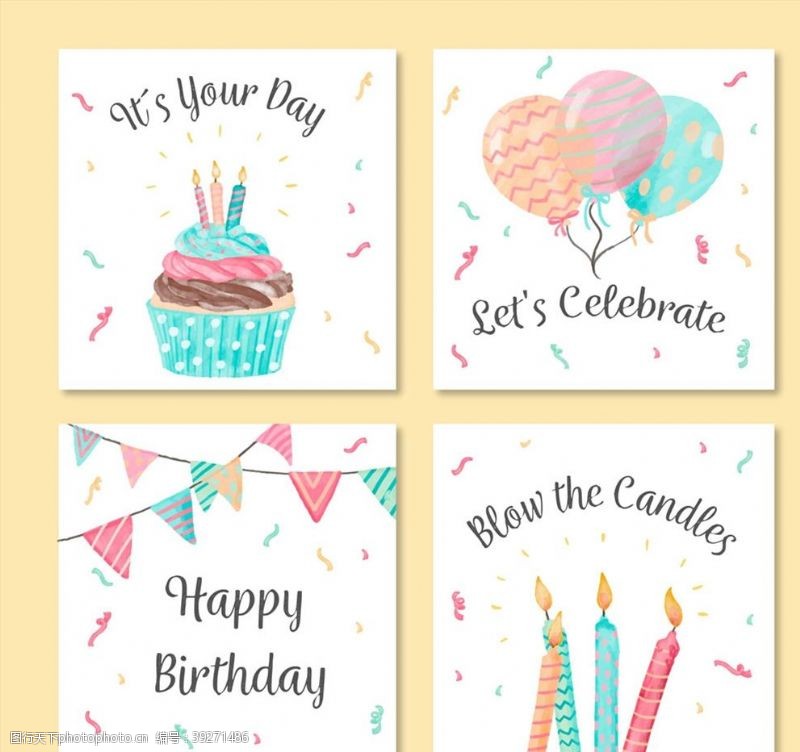 彩色生日蛋糕设计生日元素祝福卡图片