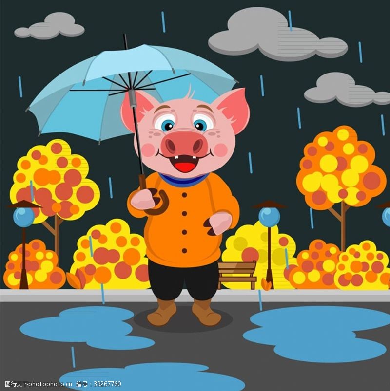 雨伞雨中撑伞的猪图片