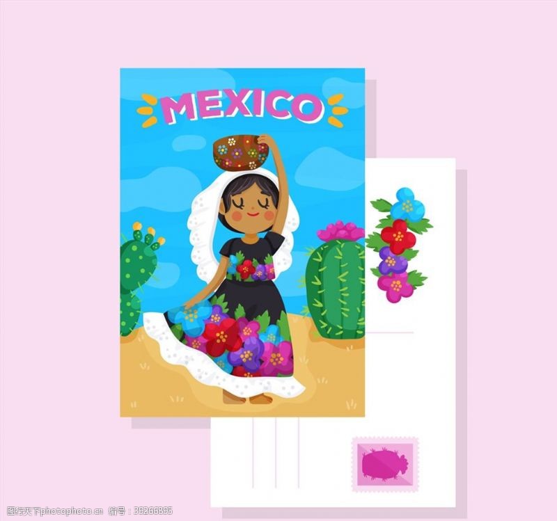 卡通仙人掌墨西哥女子明信片图片