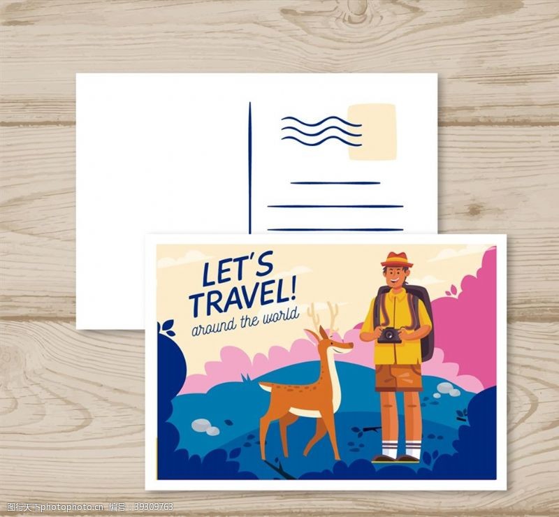 环球旅游旅行男子和鹿明信片图片