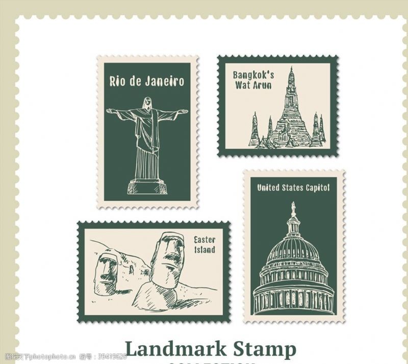 美国邮票地标建筑邮票矢量图片