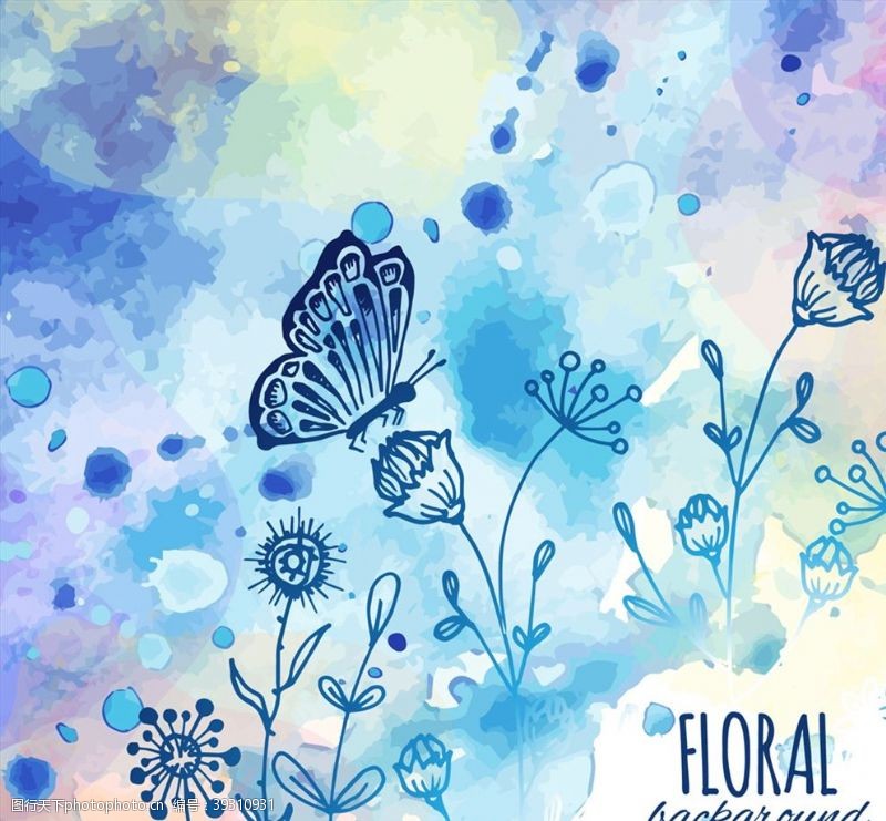 矢量彩色水墨蓝色花卉和蝴蝶图片