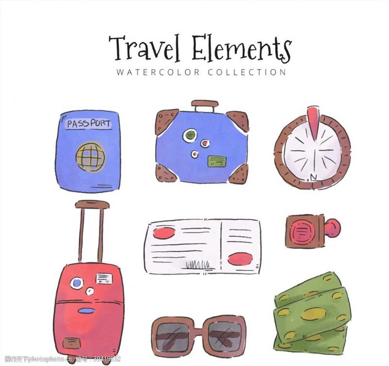 护照水彩绘旅行元素图片