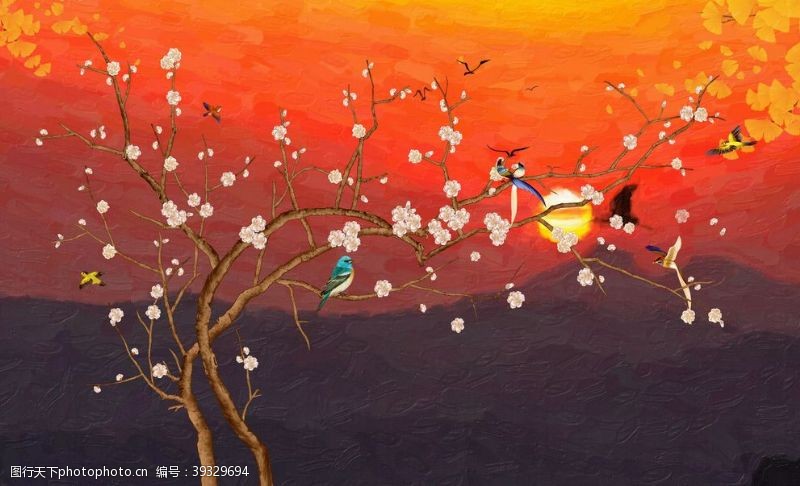 福中式复古花鸟背景墙图片