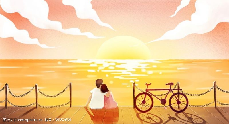 海边日落情侣插画卡通海报素材图片