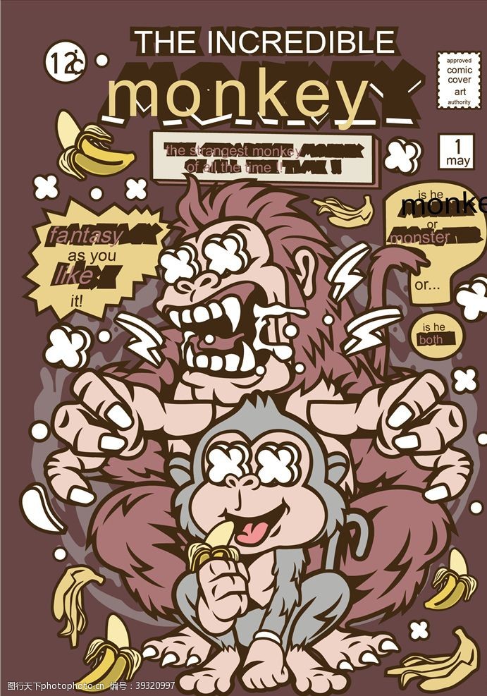 卡通猴子卡通人物漫画T恤印花矢量图片