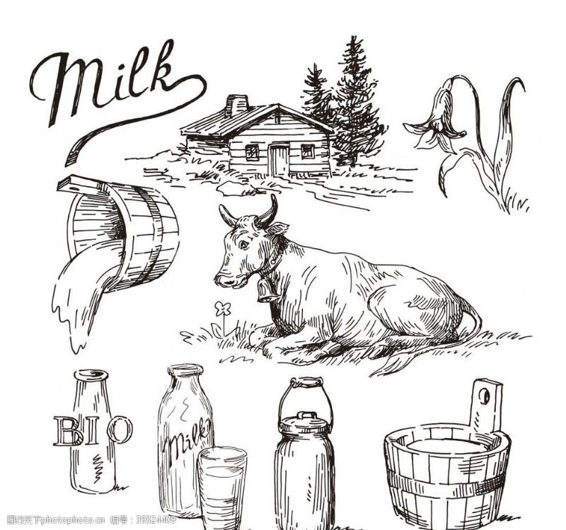 牛奶配送农场牛奶元素简笔画图片