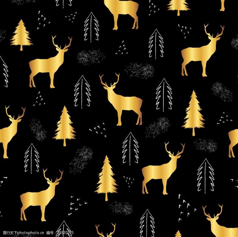 矢量黄金卡通圣诞麋鹿无缝背景图片