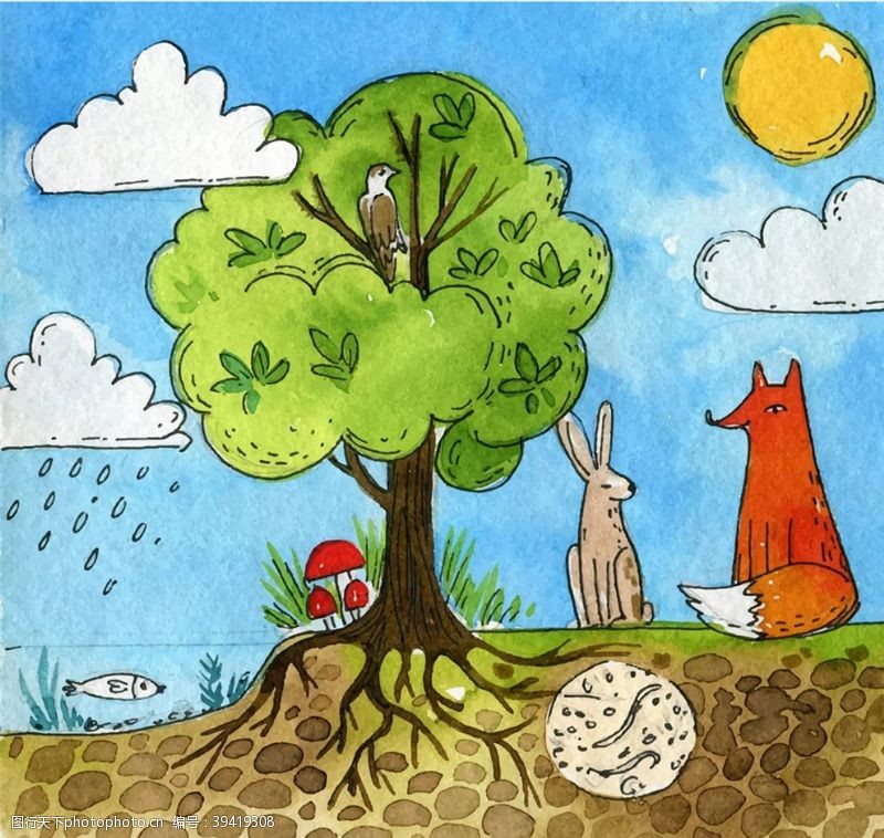 蘑菇云树木和森林动物插画图片