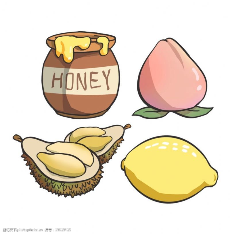 柠檬蜂蜜水桃子榴莲蜂蜜柠檬手绘素材图片