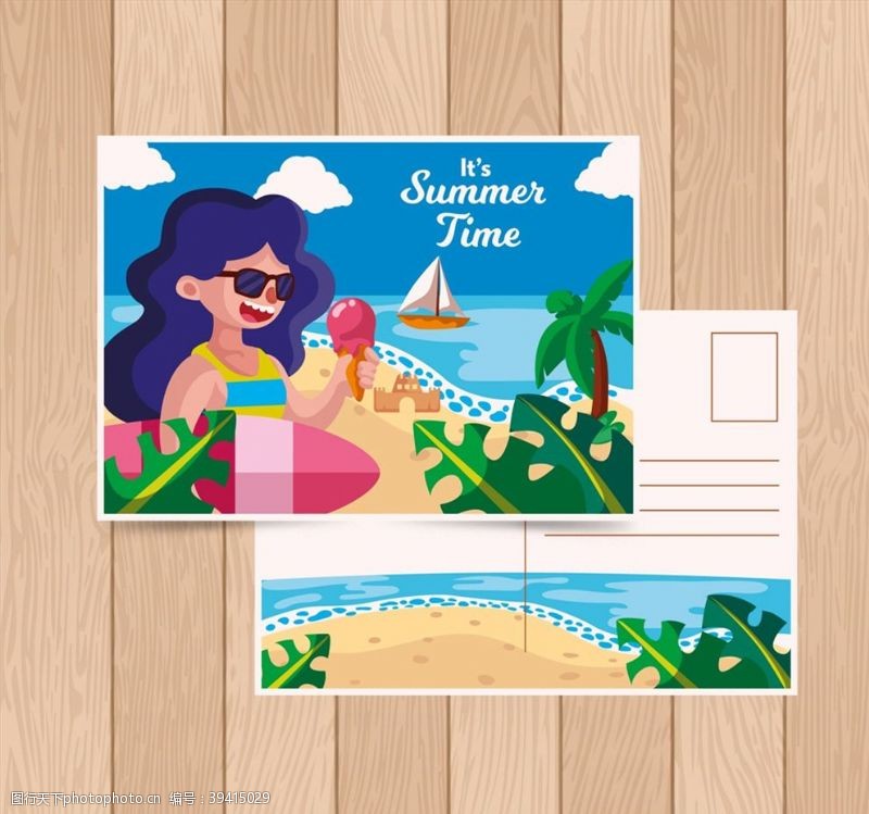 椰子冰淇淋海边度假女子明信片图片