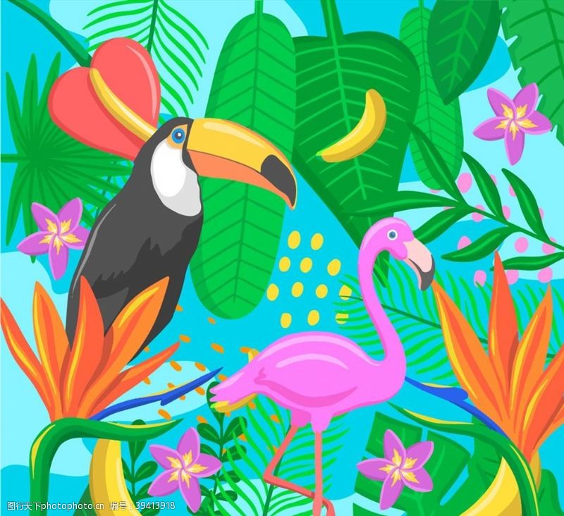 香蕉广告热带花草中的鸟类图片