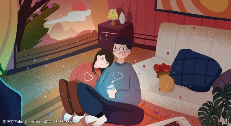 卧室情侣人物插画卡通海报素材图片