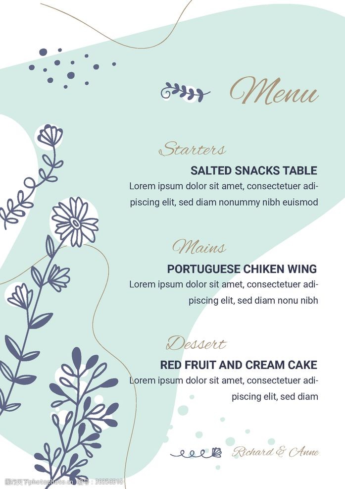 手绘菜单鲜花装饰婚礼菜单图片