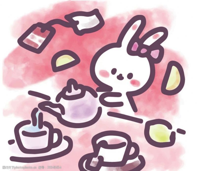 可爱小兔水彩小兔子的下午茶绘画图片