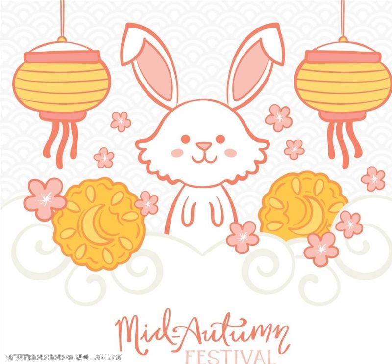 中秋月饼矢量素材中秋节白兔和灯笼图片