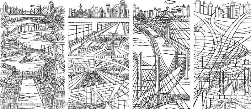 建筑轮廓城市公路立交桥线稿图片