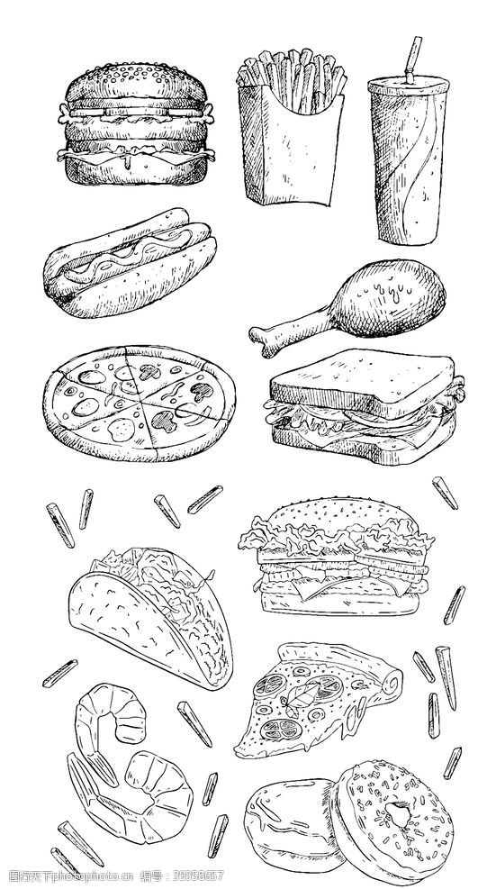 微笑手绘线稿快餐食物图片