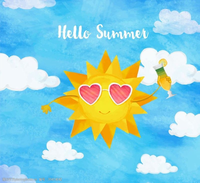 太阳镜水彩绘夏季太阳图片