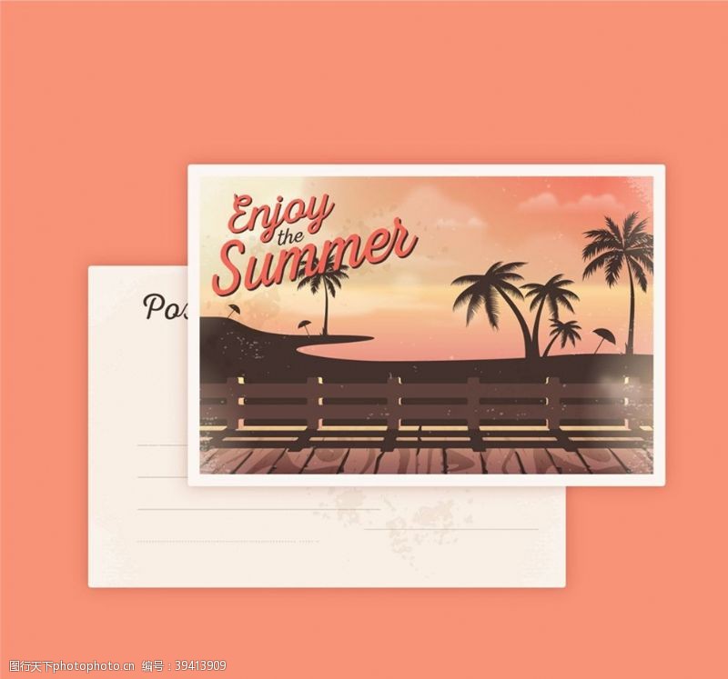大树夏季沙滩椰树明信片图片