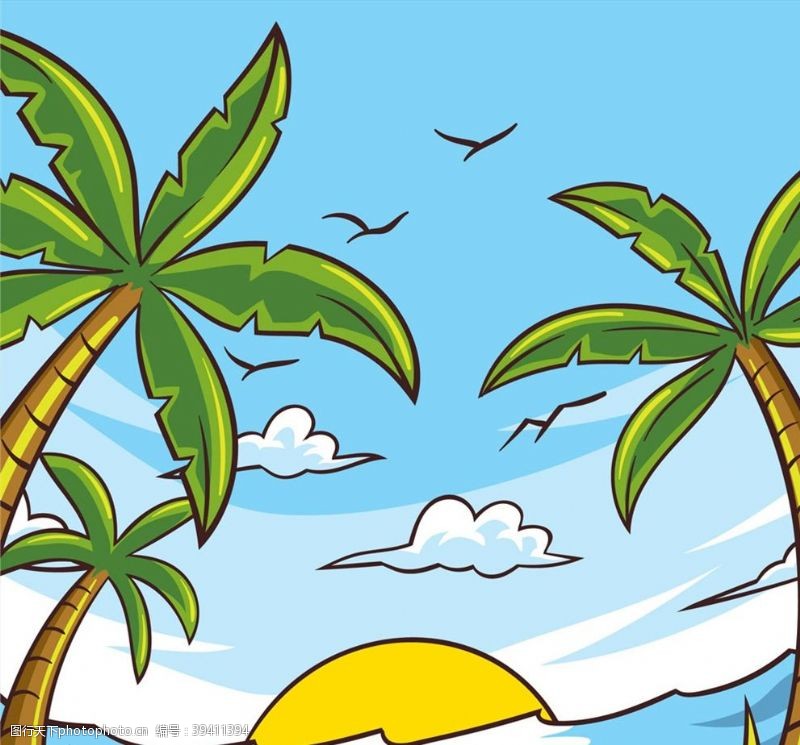 海鸥彩绘沙滩椰树风景图片