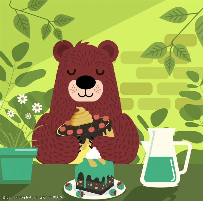 饮料矢量素材吃蛋糕的棕熊图片