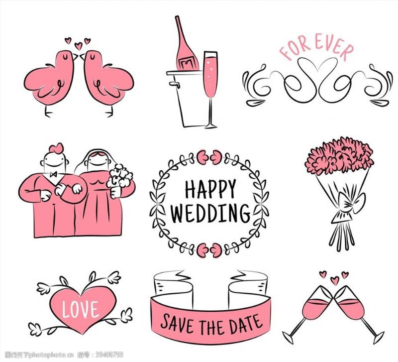 新娘捧花手绘粉色婚礼元素图片