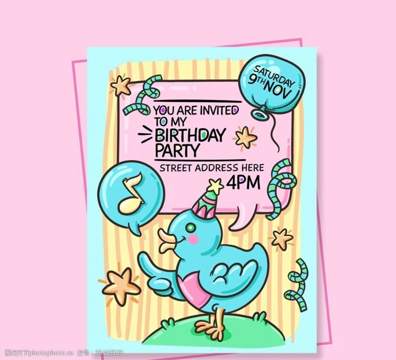 生日气球卡通鸟生日邀请卡图片