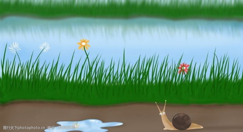 夏日池塘河边插画图片