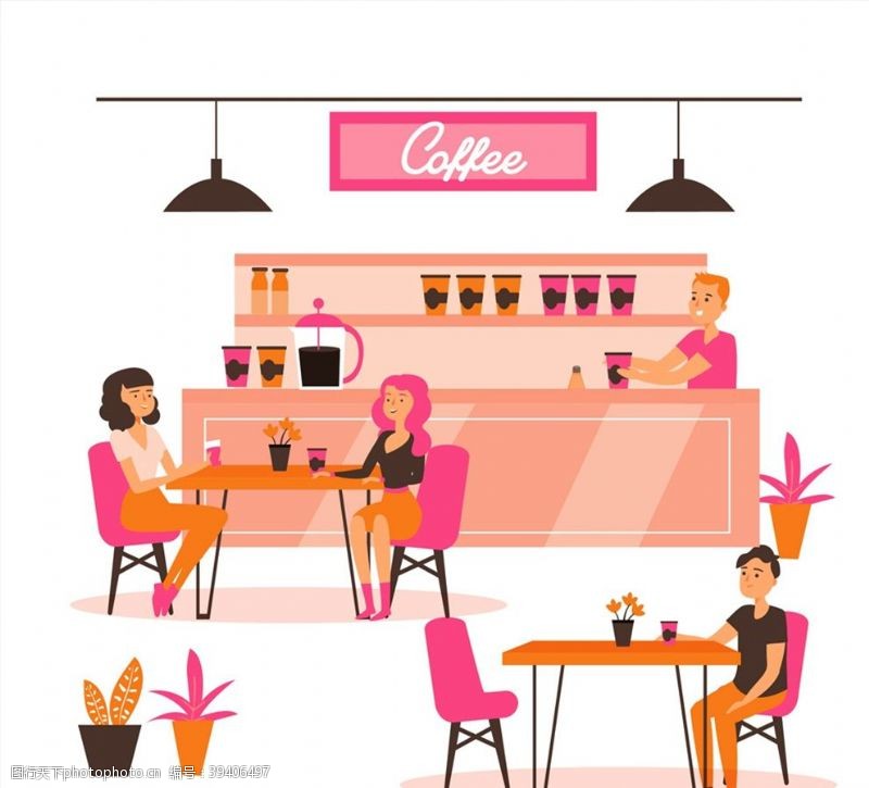 粉色咖啡馆人物图片
