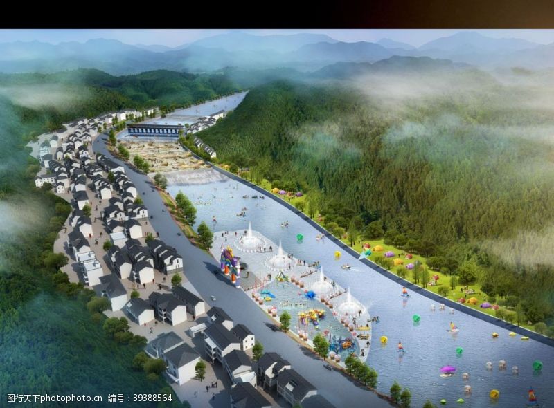 河道景观规划设计河道山体鸟瞰图片