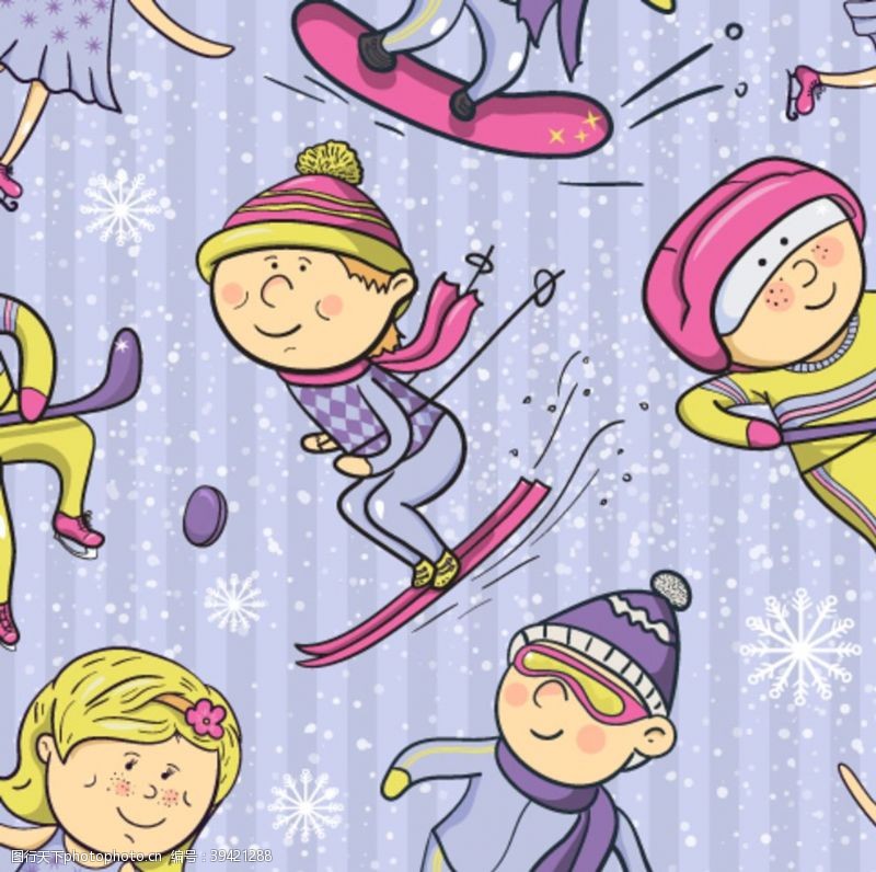 雪花底纹滑雪儿童无缝印花背景素材图片