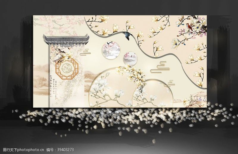 古色古香香槟色新中式婚礼迎宾区效果图图片