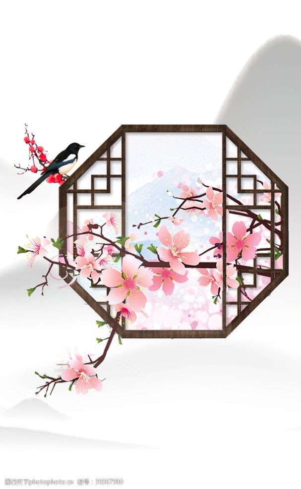 新中式背景墙新中式花鸟竖版装饰画图片
