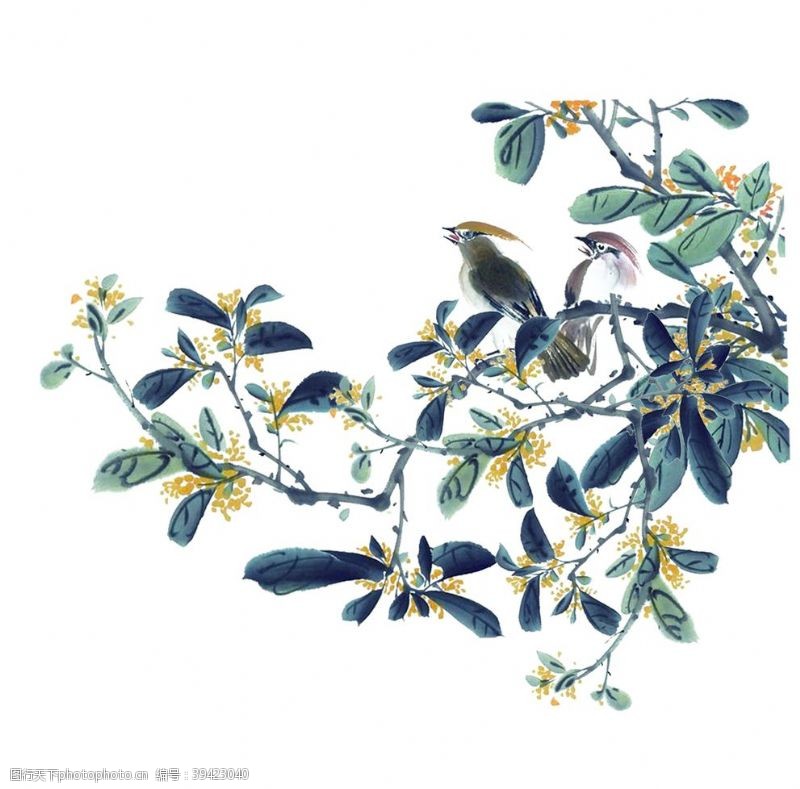 水墨画古风彩色树鸟素材图片