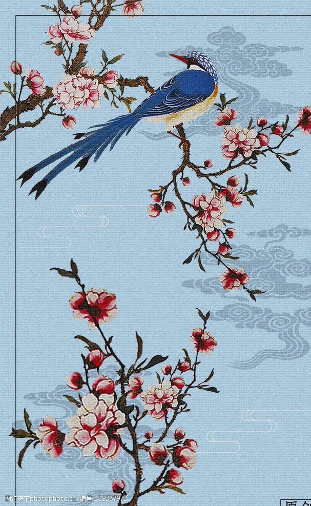 新中式背景墙花鸟风景竖版装饰画图片