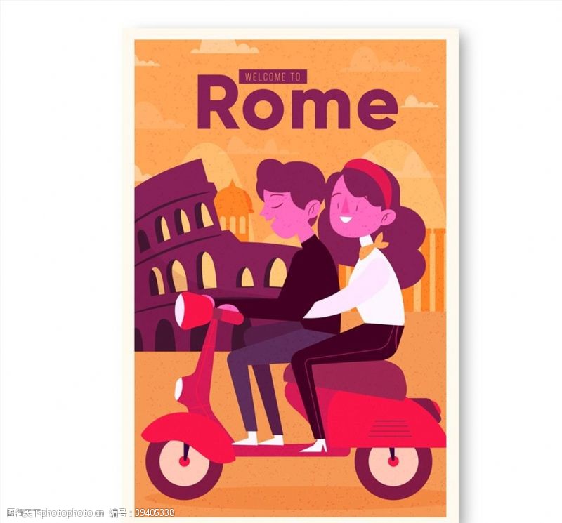 矢量摩托车罗马旅行传单图片