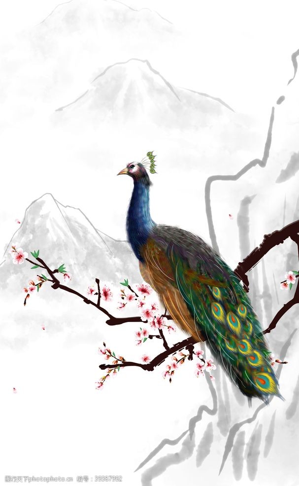 新中式背景墙新中式花鸟竖版装饰画图片