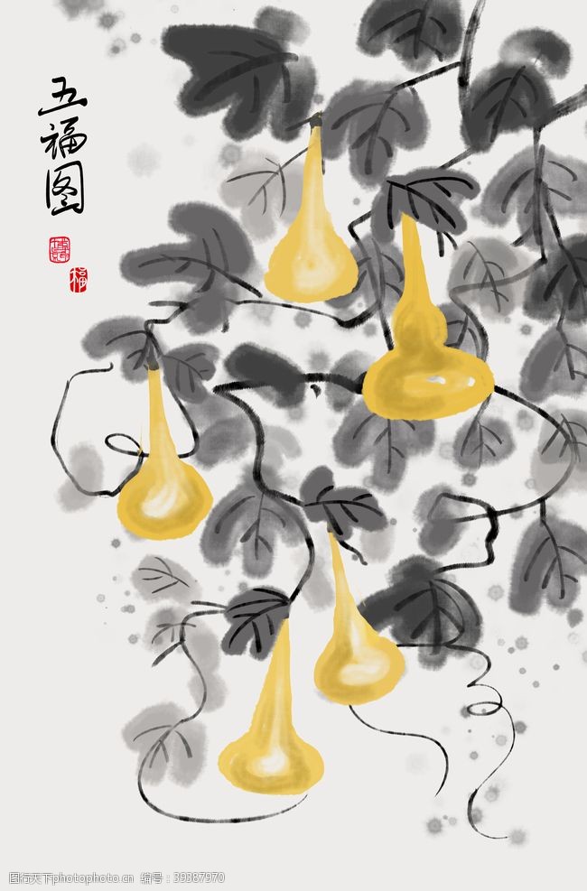 新中式背景墙中式葫芦藤淡彩水墨画装饰画图片