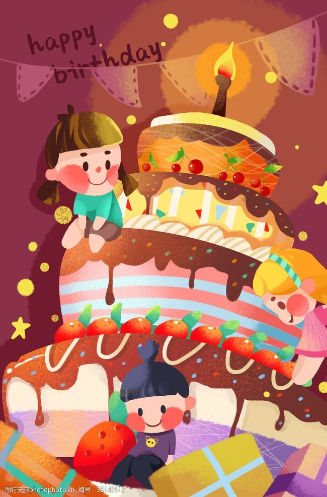 蛋糕插卡唯美生日插画海报图片
