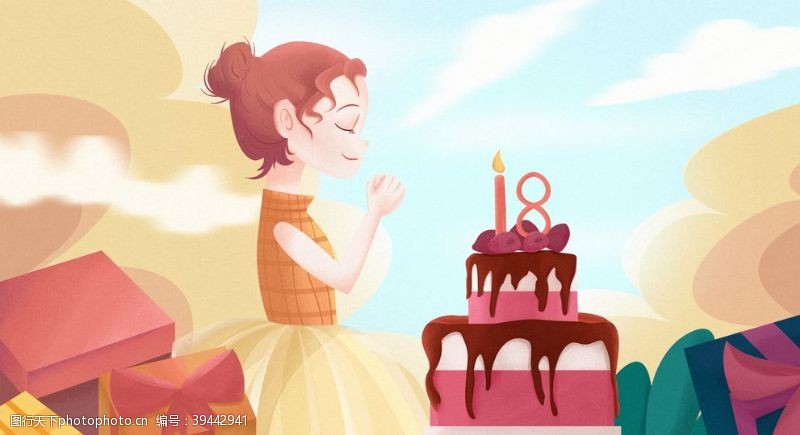 蛋糕插卡唯美生日插画图片