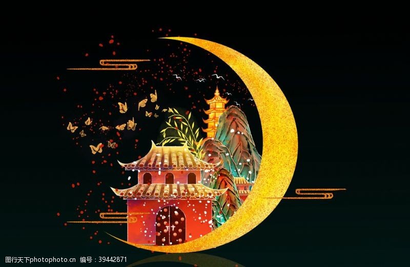 青花瓷素材中国风国潮金边镶金背景图片