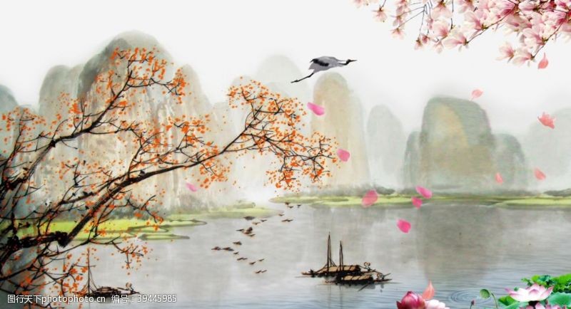 高清中国风山水飘落的花瓣