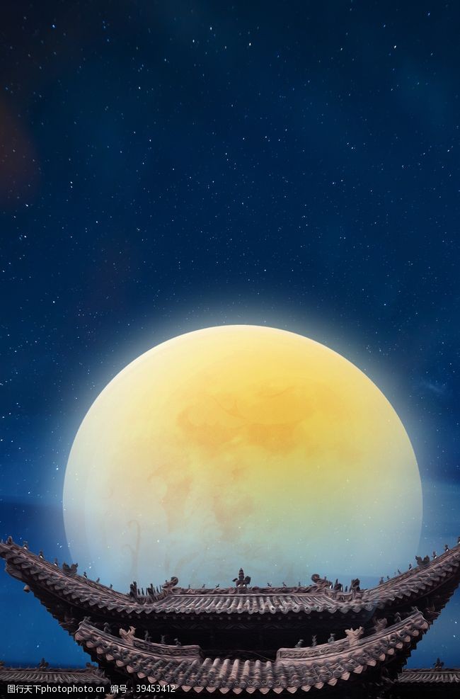月亮屋檐复古背景海报素材图片