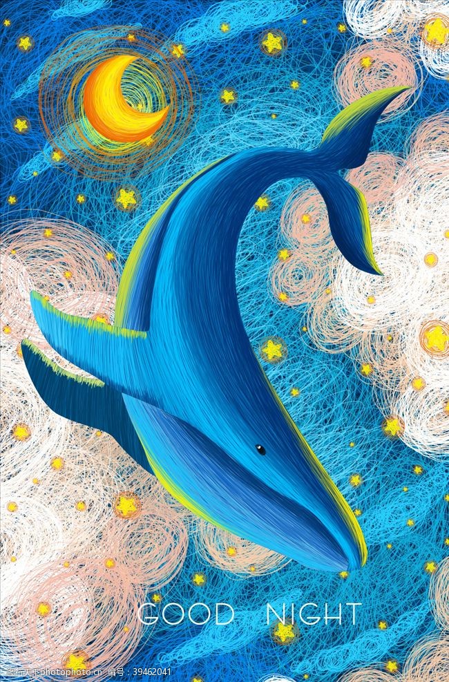 彩虹色带鲸鱼插画图片