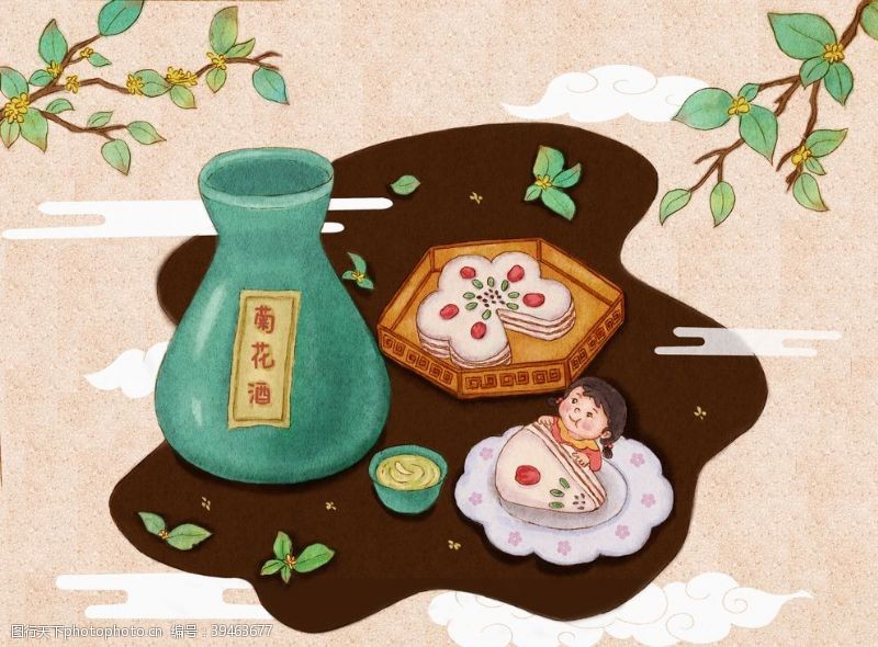 菊花酒传统复古插画背景海报素材图片