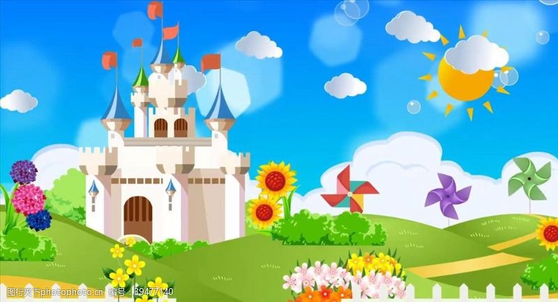 六一儿童节素材蓝天白云城堡风筝背景视频