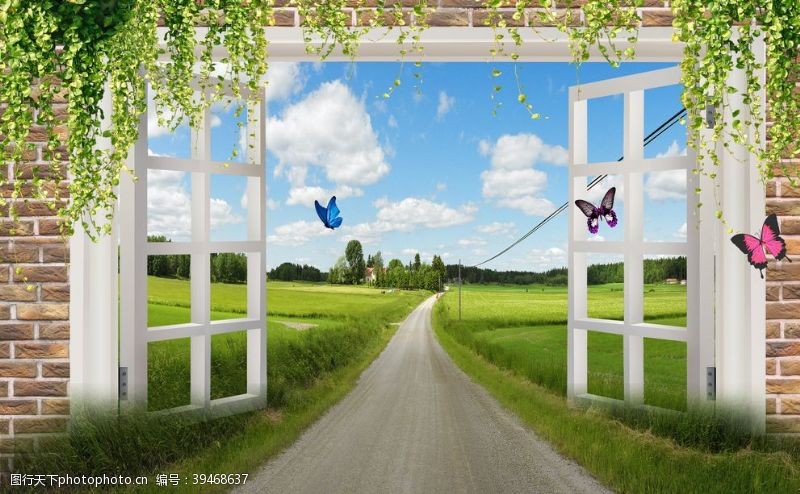 窗户风景画小路公路蝴蝶图片